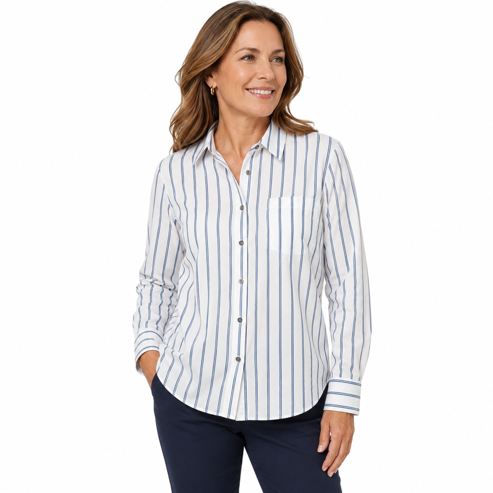 Talbots Womens White Blue Striped Long Sleeve Button Up Shirt Top Collar sz M